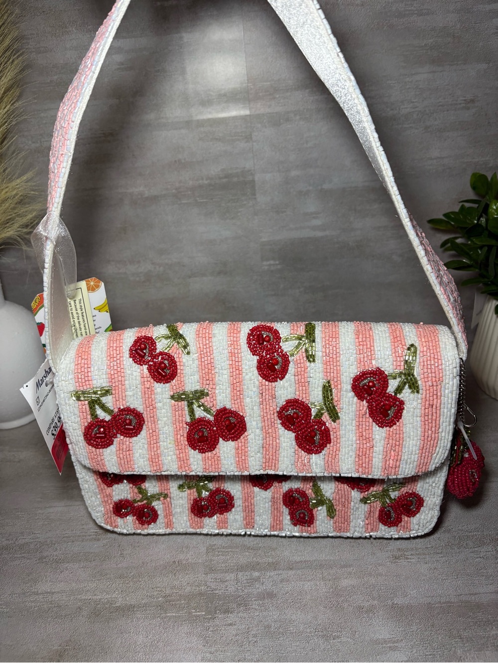 VIRAL/NWT Cherry Beaded Stripe Shoulder Bag - Pink/Red